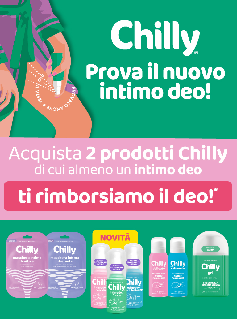 Immagine per smartphone che spiega la meccanica dell'attività di Cashback Cashback Chilly ti rimboesa il Deo intimo: Con l'acquisto di 2 prodotti Chilly di cui 1 deodorante, ricevi il rimborso del deodorante
